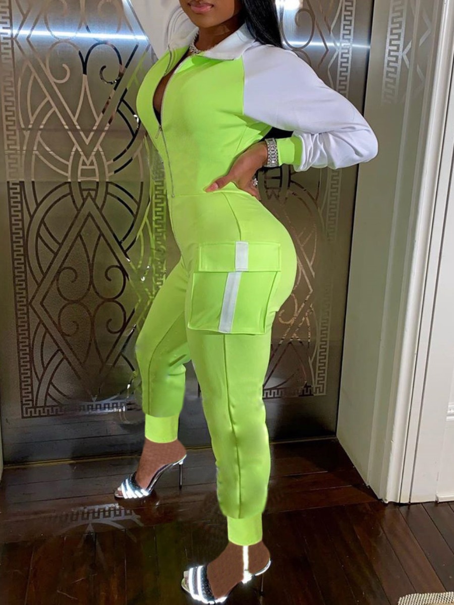 

lovely Sportswear Zipper Design Patchwork Green One-piece Jumpsuit