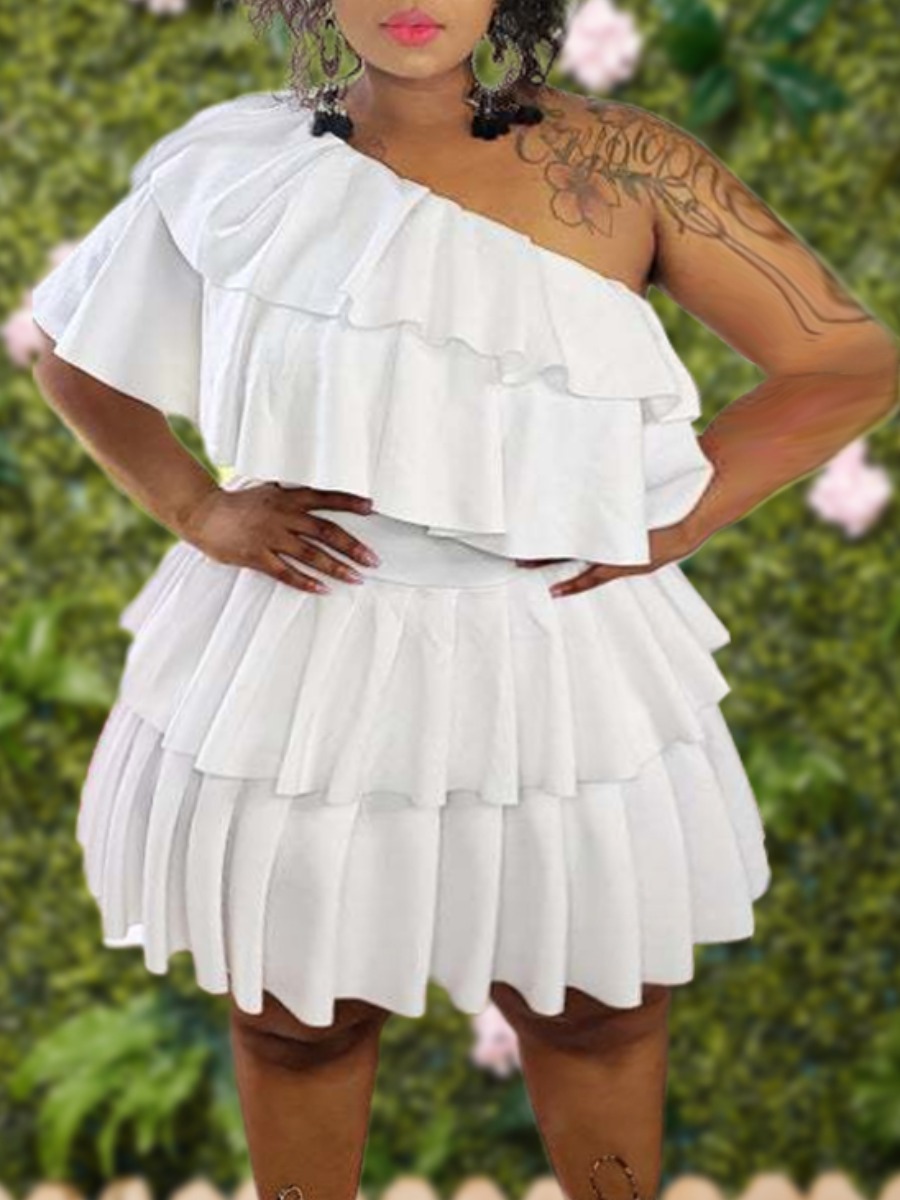 

lovely Trendy One Shoulder Fold Design White Mini Plus Size Dress