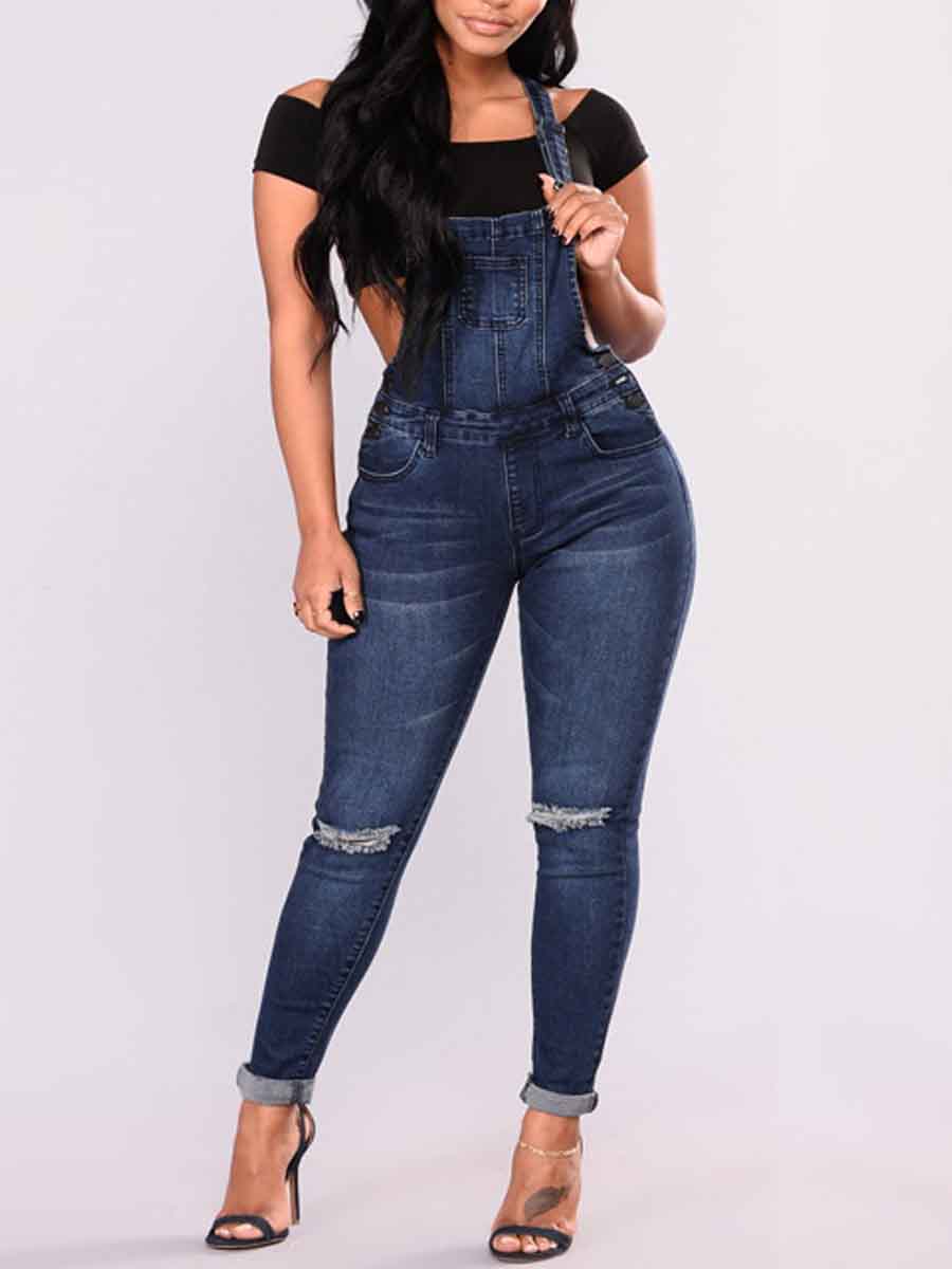 

lovely Street Broken Holes Deep Blue Denim One-piece Jumpsuit