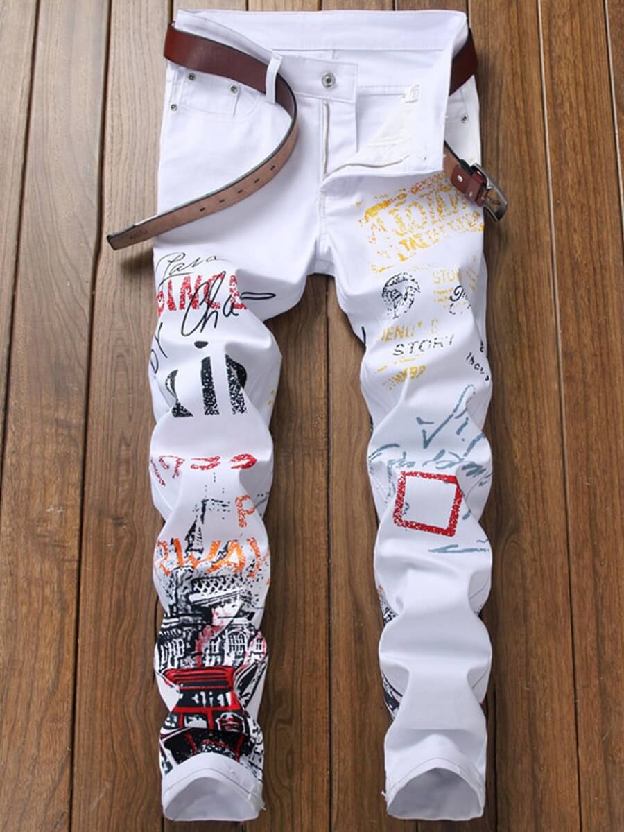 

Lovely Men Trendy Print White Jeans