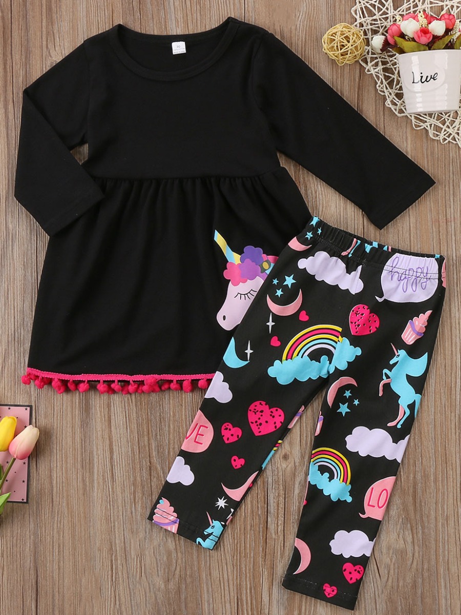 

Lovely Trendy O Neck Cartoon Print Black Girl Two-piece Pants Set