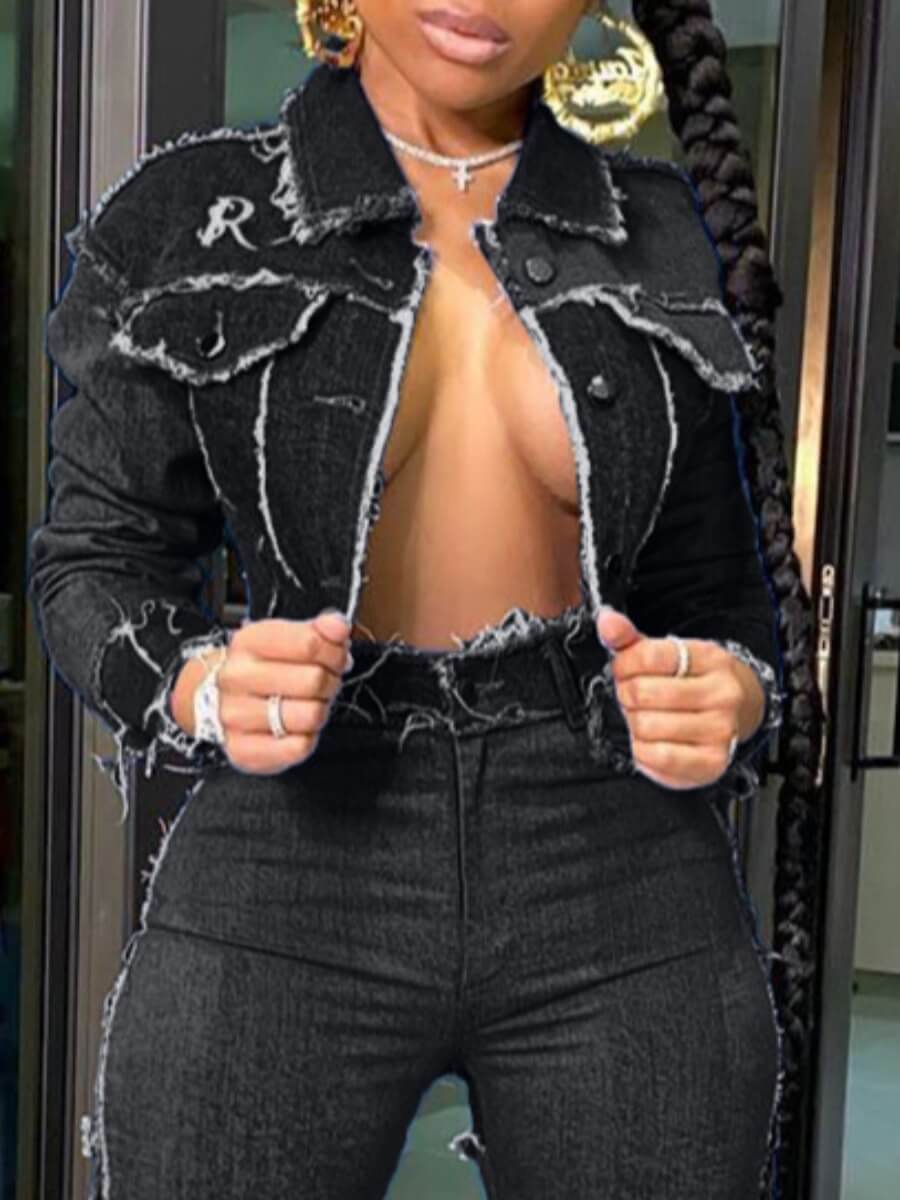 

LW Raw Edge Patchwork Denim Jacket, Pitch-black