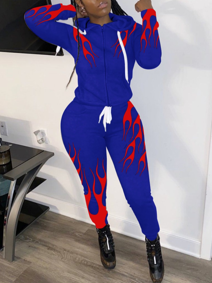 

lovely Sportswear Hooded Collar Print Blue Two Piece Pants Set