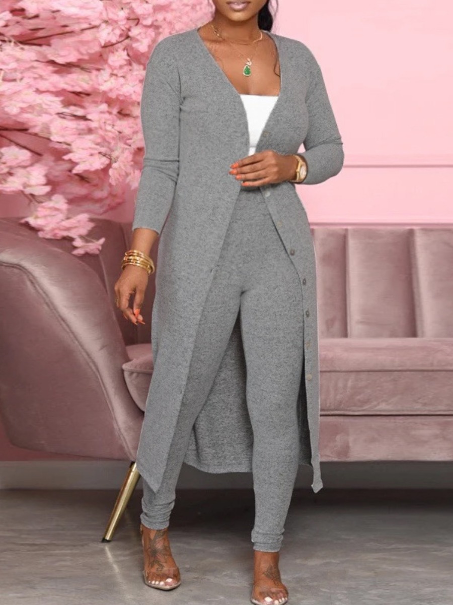 

lovely Casual Buttons Design Skinny Grey Two Piece Pants Set