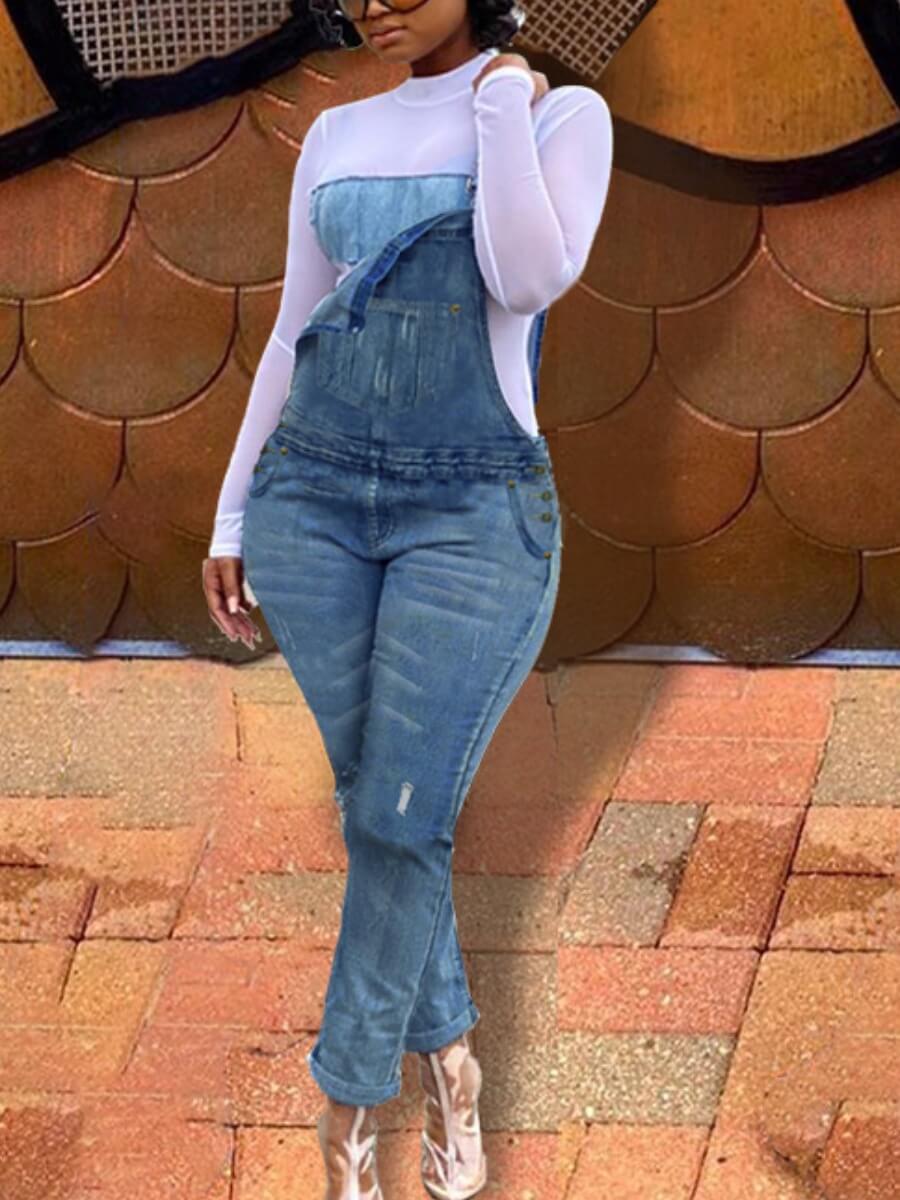 

Lovely Casual Ripped Overall Deep Blue Denim One-piece Jumpsuit