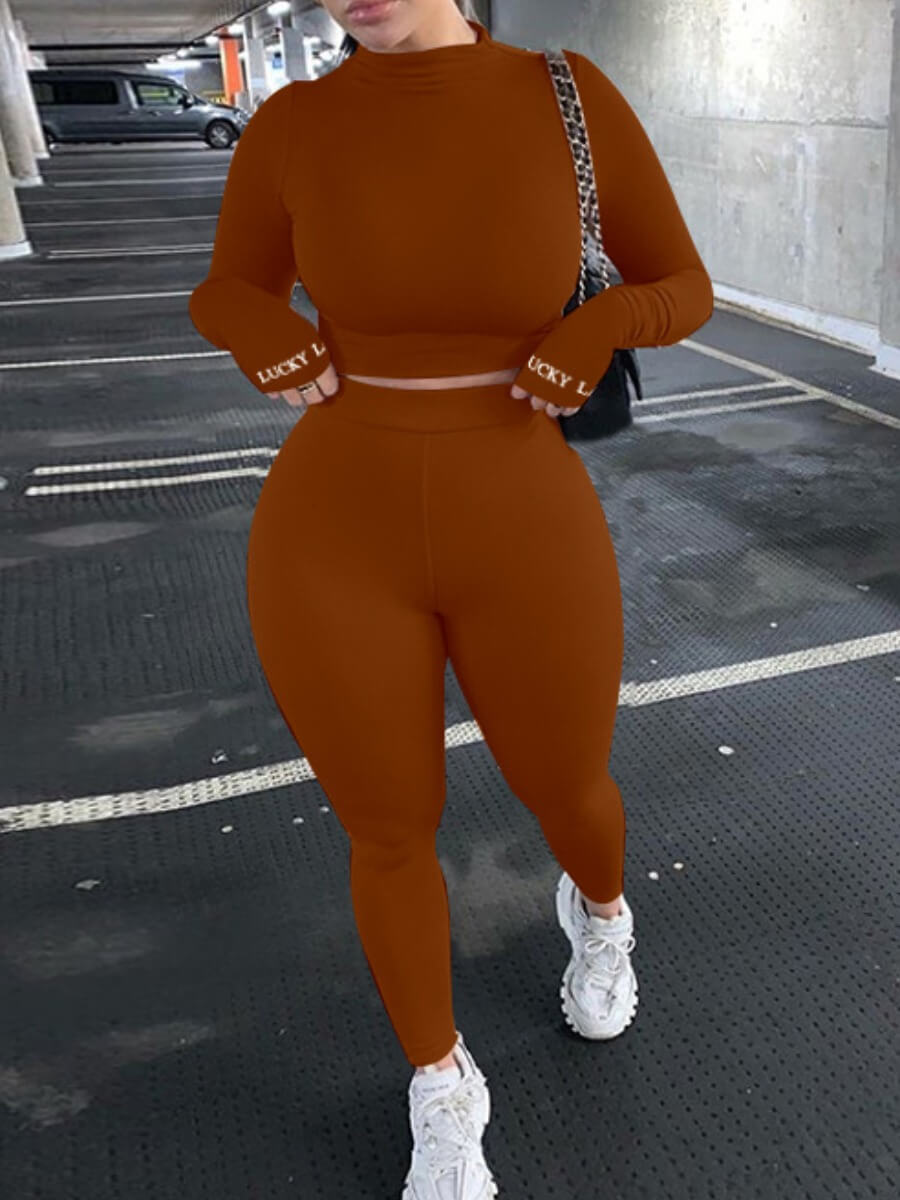 

LW Sportswear Basic Skinny Coffee Two Piece Pants Set