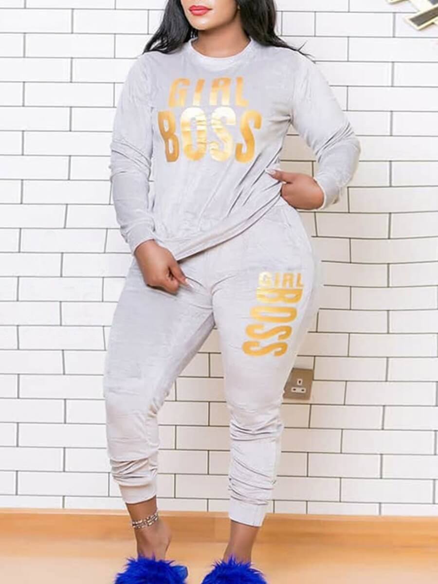 

Lovely Casual O Neck Letter Print Silver Plus Size Two-piece Pants Set