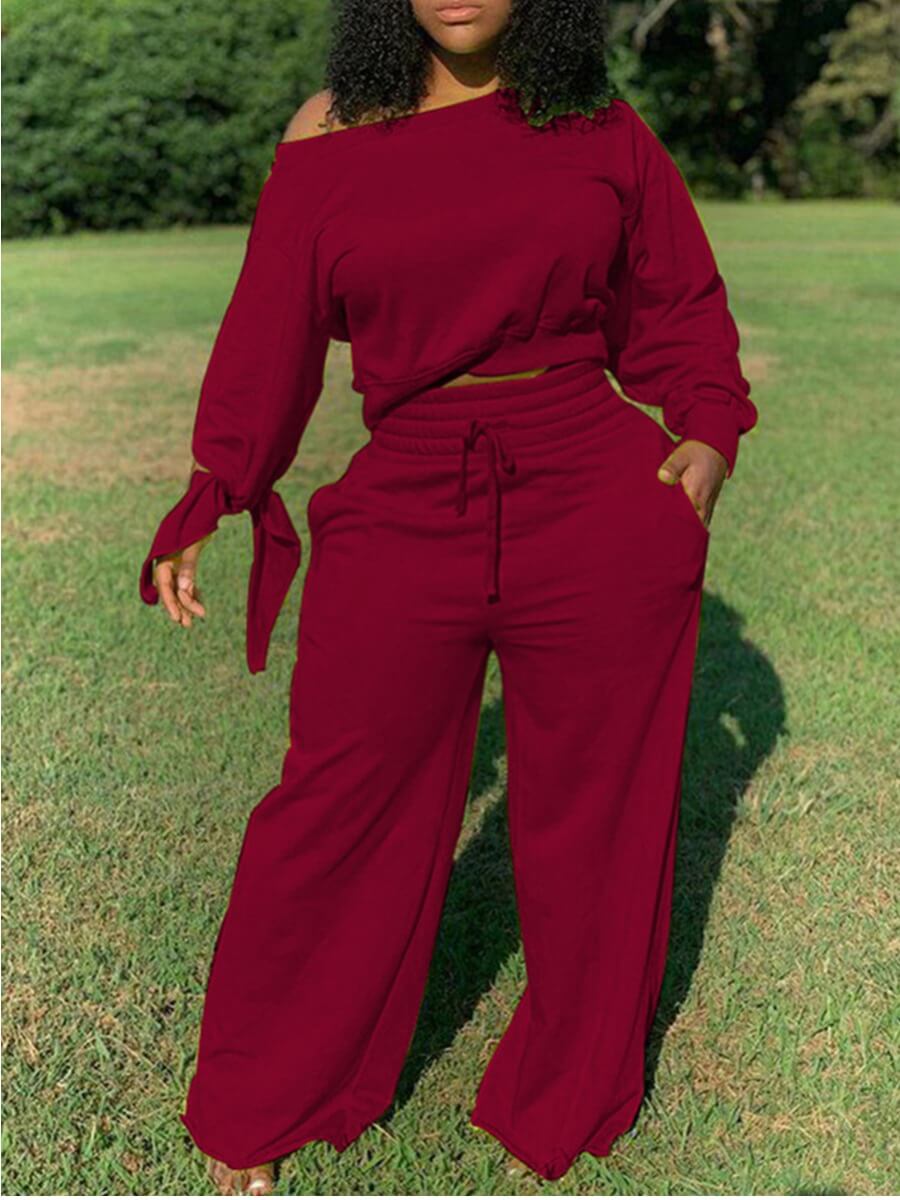

Lovely Plus Size Casual Drawstring Loose Wine Red Two-piece Pants Set