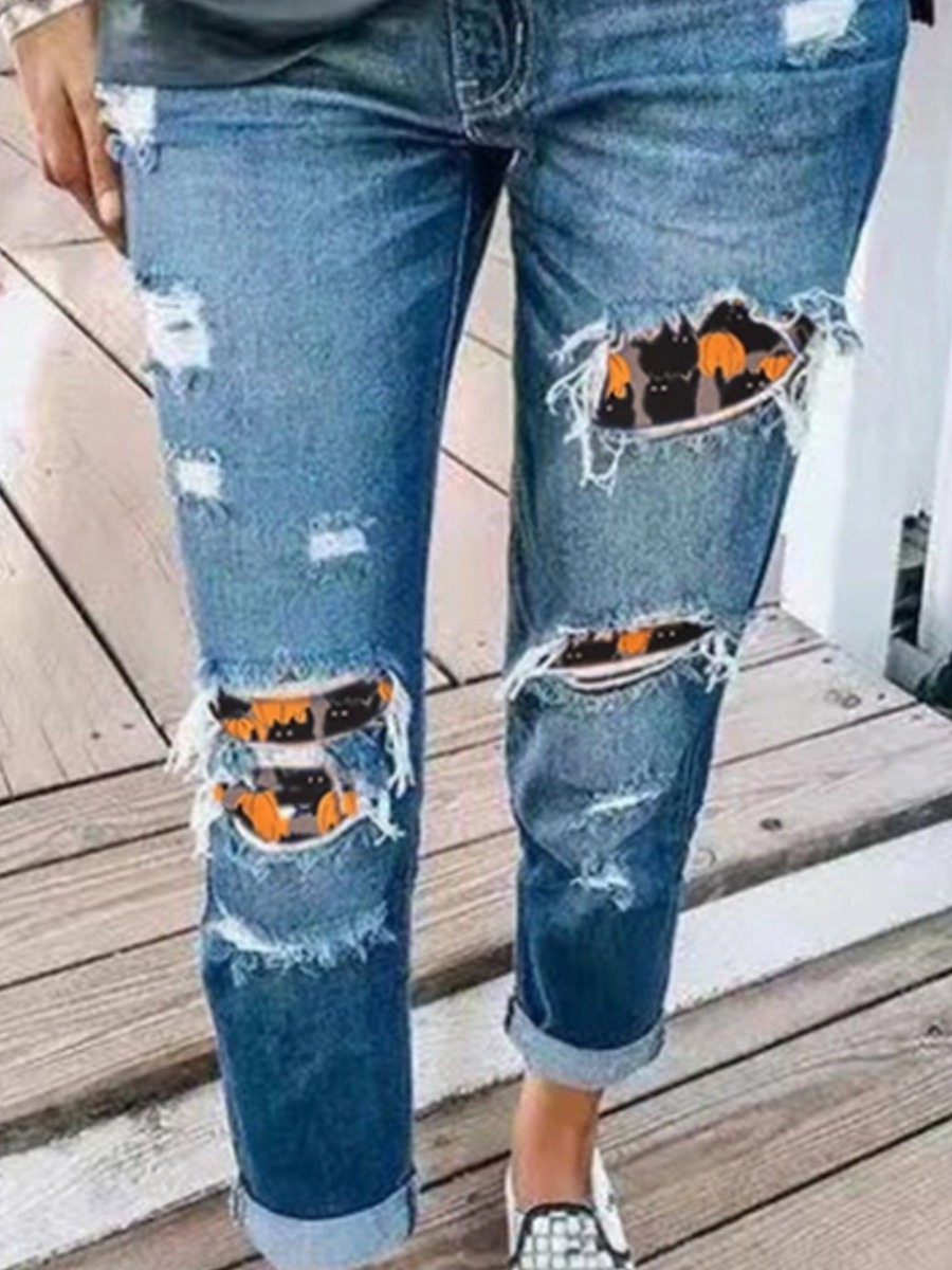 

lovely Street Patchwork Broken Holes Blue Plus Size Jeans