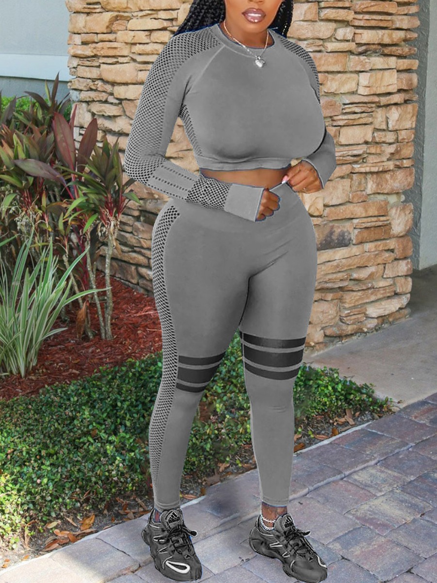 

lovely Sportswear O Neck Patchwork Grey Two Piece Pants Set