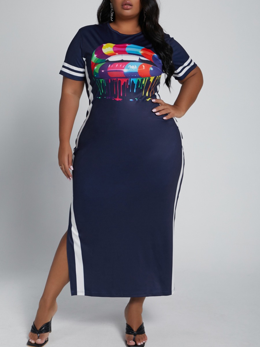 

lovely Casual O Neck Lip Print Dark Blue Mid Calf Plus Size Dress