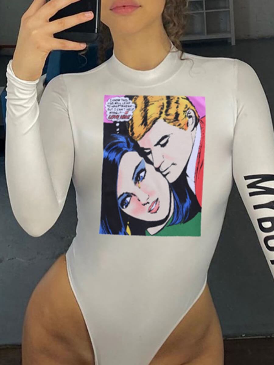 

Lovely Sexy Print Skinny White Bodysuit