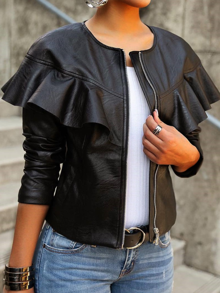 

lovely Stylish Flounce Zipper Design Black Leather