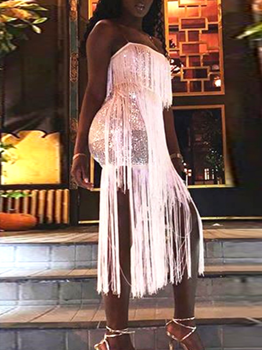 

lovely Sexy Spaghetti Strap Tassel Design White Mid Calf Dress
