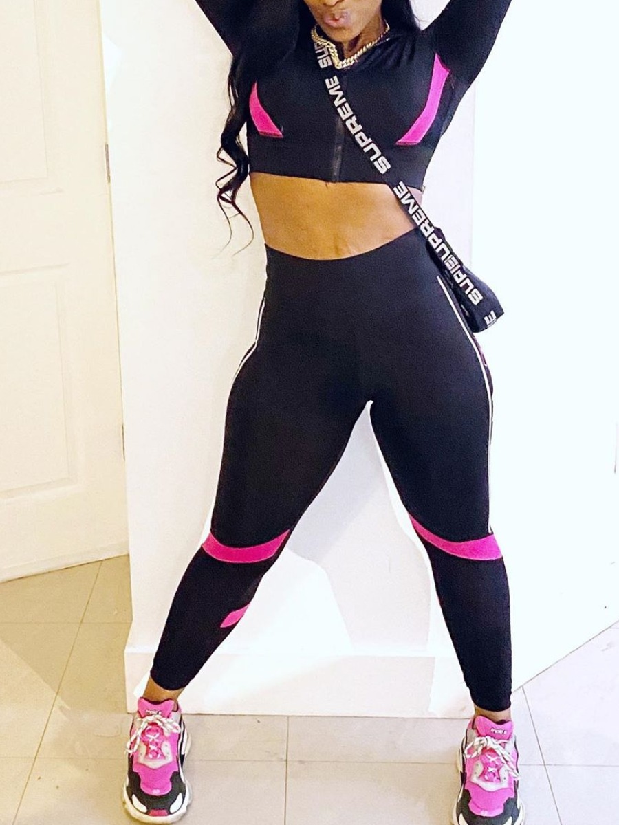 

lovely Sportswear Patchwork Zipper Design Black Two Piece Pants Set