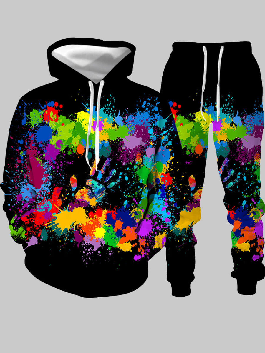 

LW Men Hooded Collar Graffiti Print Oversized Pants Set, Black