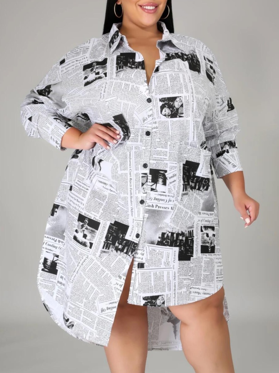 

lovely Stylish Turndown Collar Print White Mid Calf Plus Size Dress