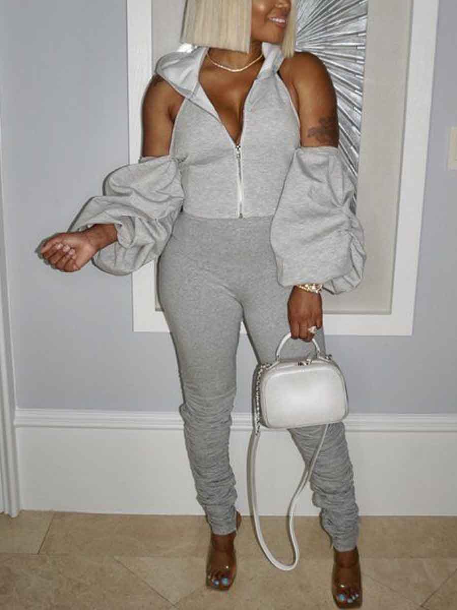 

Lovely Sportswear Hooded Collar Hollow-out Grey Two Piece Pants Set