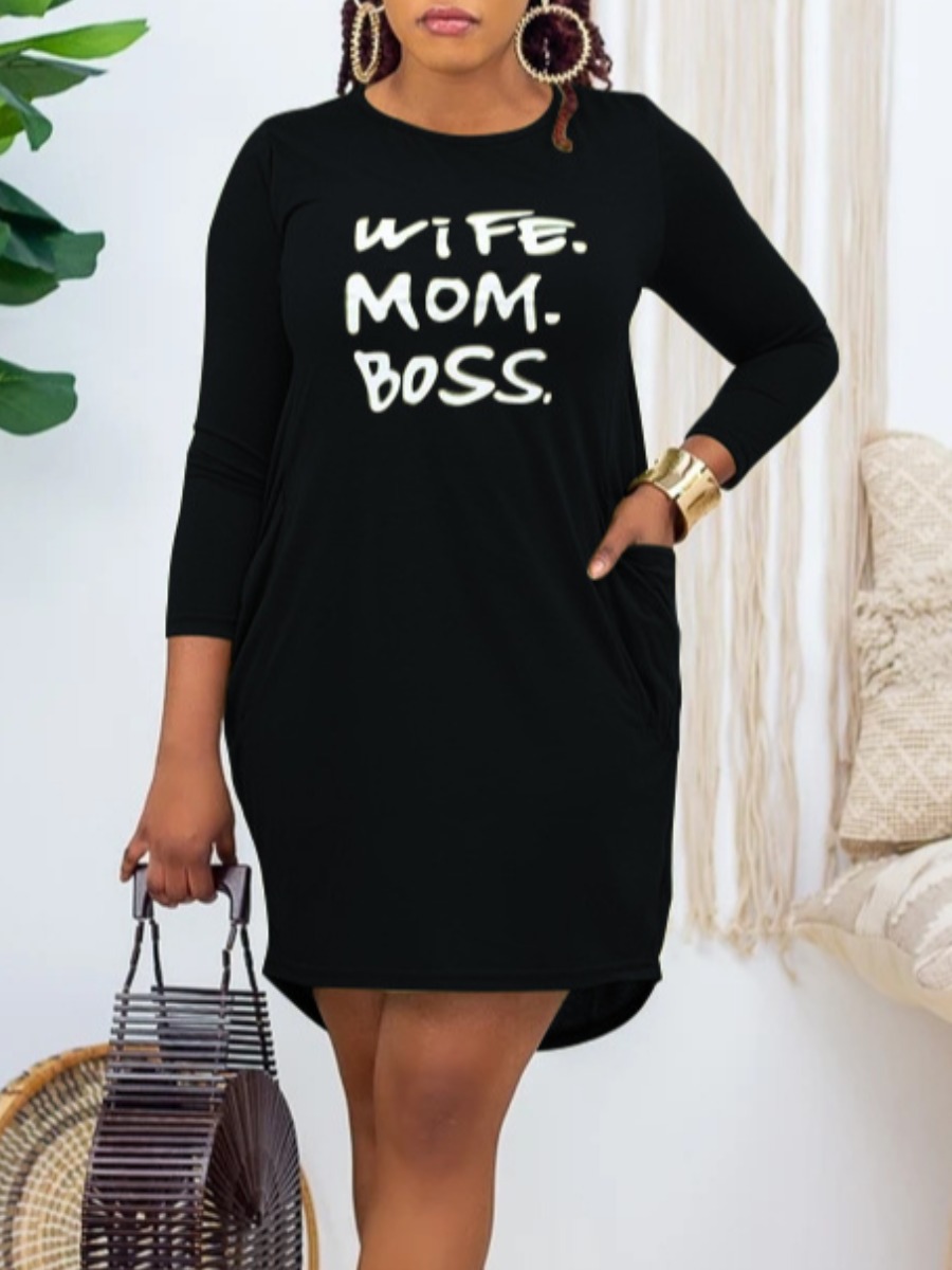 

lovely Casual O Neck Letter Print Black Knee Length Dress
