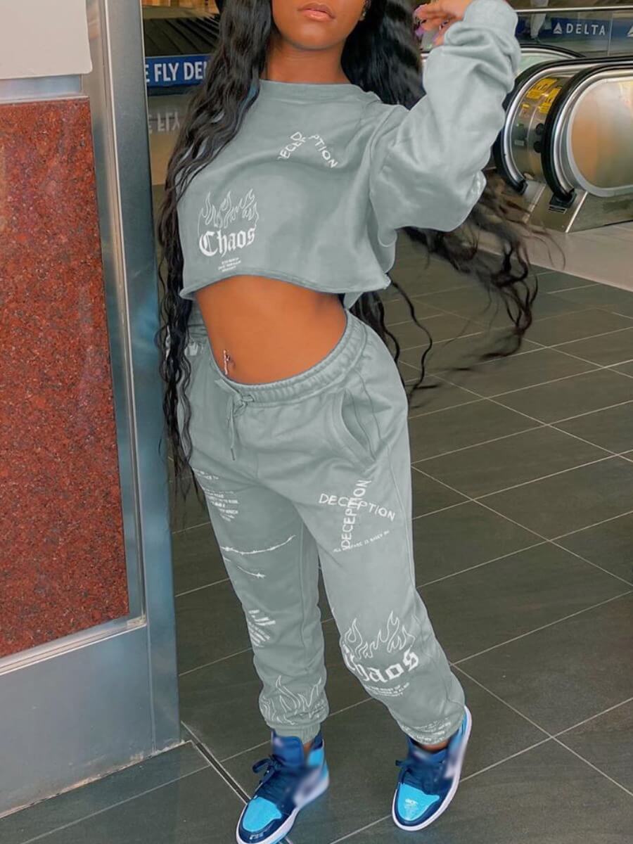 

Lovely Leisure O Neck Print Grey Two Piece Pants Set