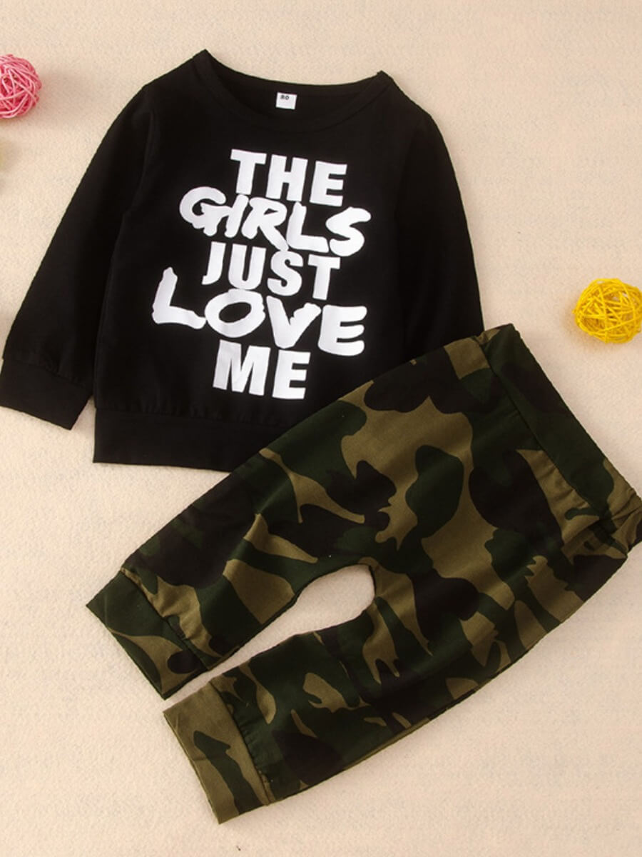 

Lovely Trendy O Neck Letter Print Black Boy Two-piece Pants Set