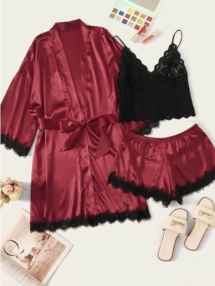 

Lovely Sexy Lace Patchwork Red Sleepwear