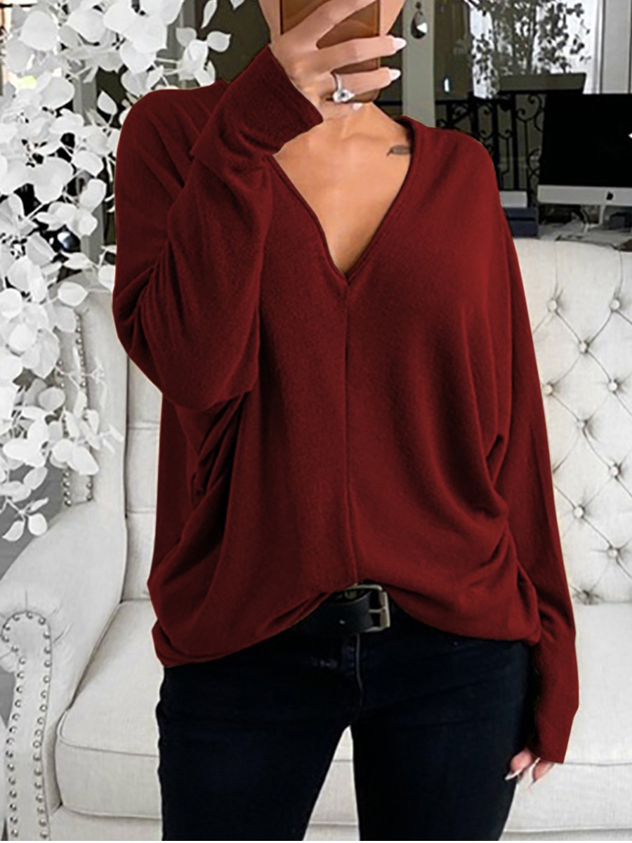 

lovely Casual V Neck Loose Red Plus Size T-shirt