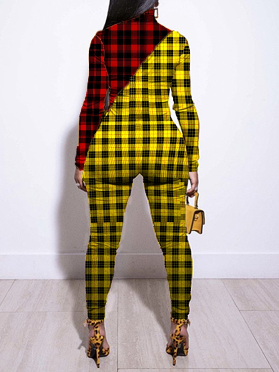 

lovely Trendy Grid Print Patchwork Yellow Plus Size One-piece Jumpsuit