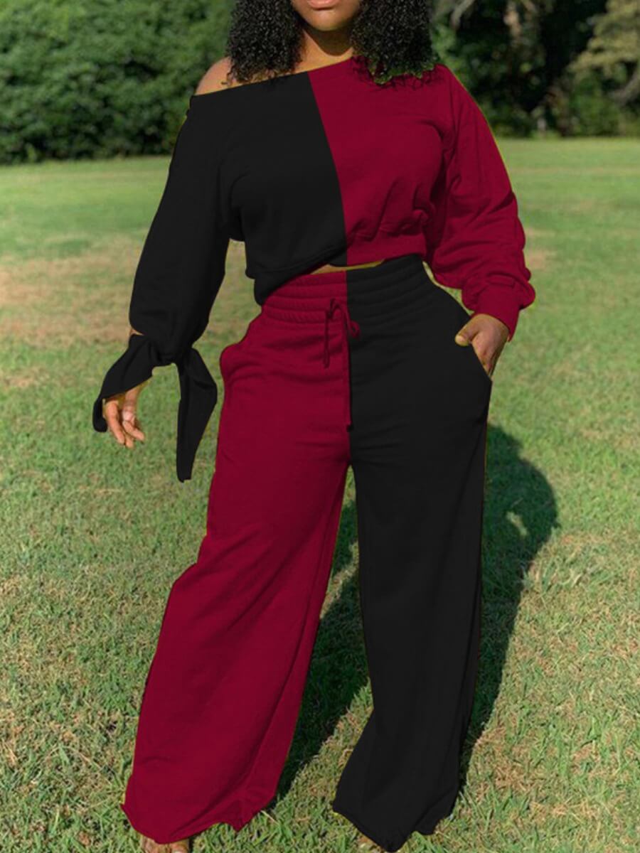 

Lovely Casual Patchwork Red Two Piece Pants Set