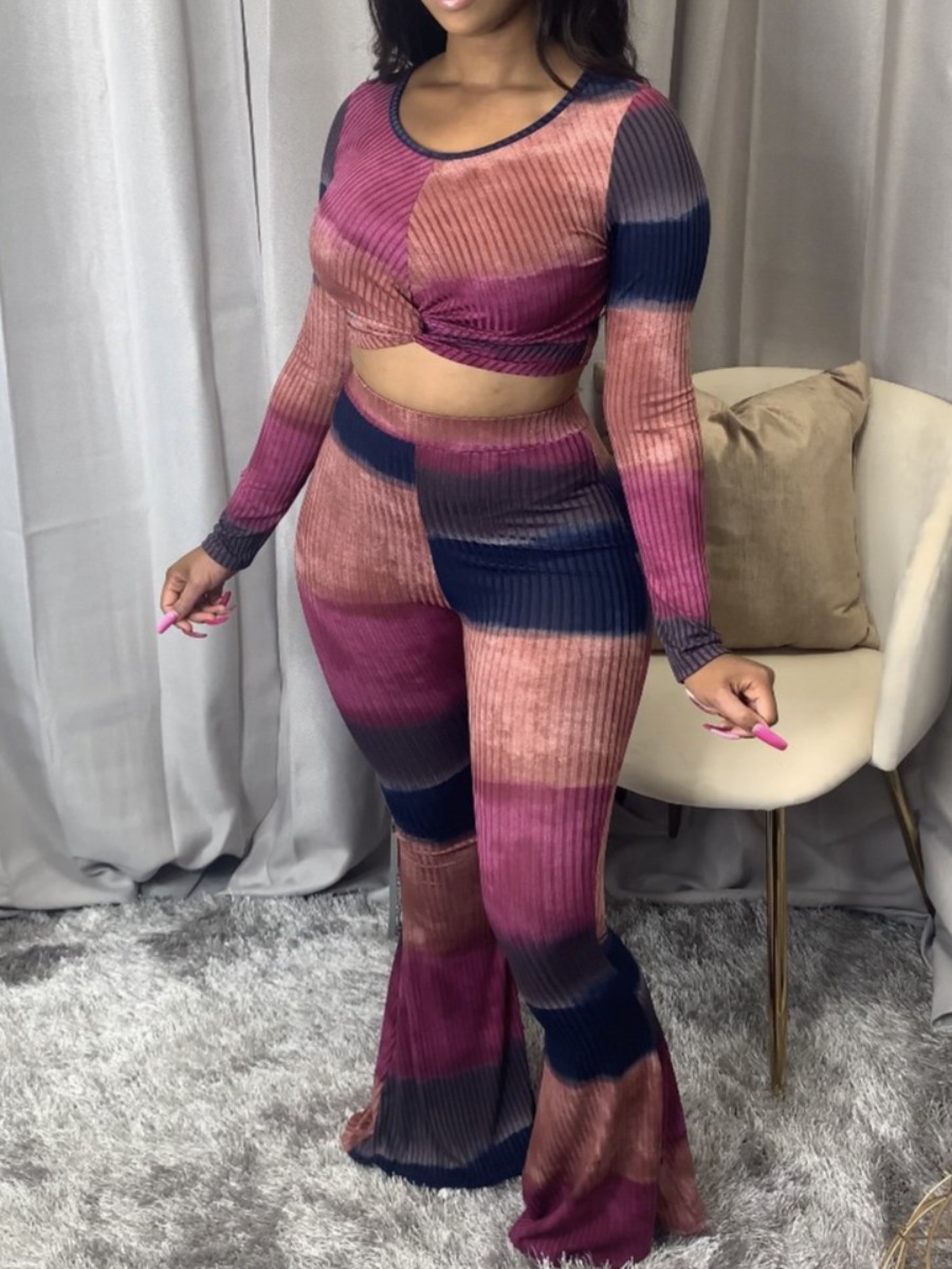 

lovely Trendy O Neck Color-lump Patchwork Purple Two Piece Pants Set
