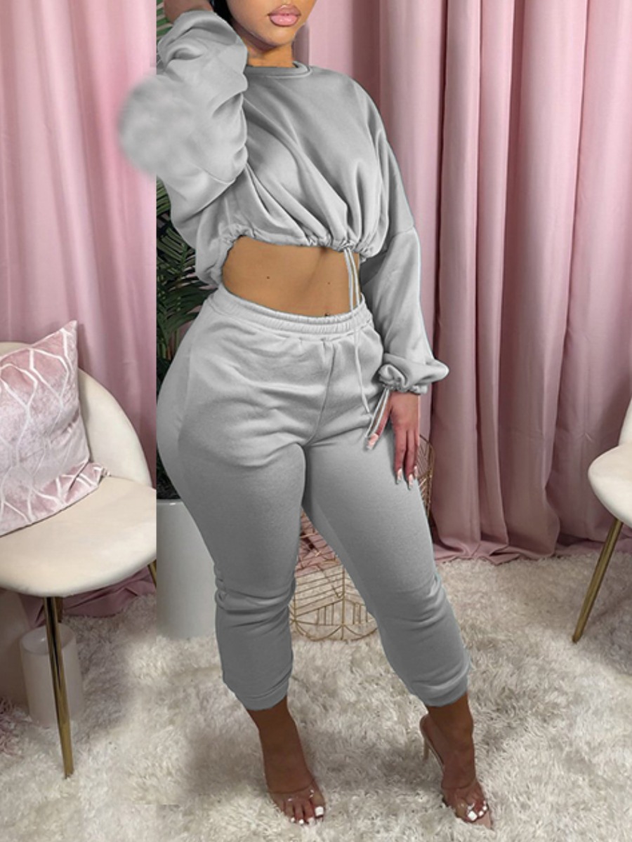 

lovely Casual O Neck Drawstring Grey Two Piece Pants Set