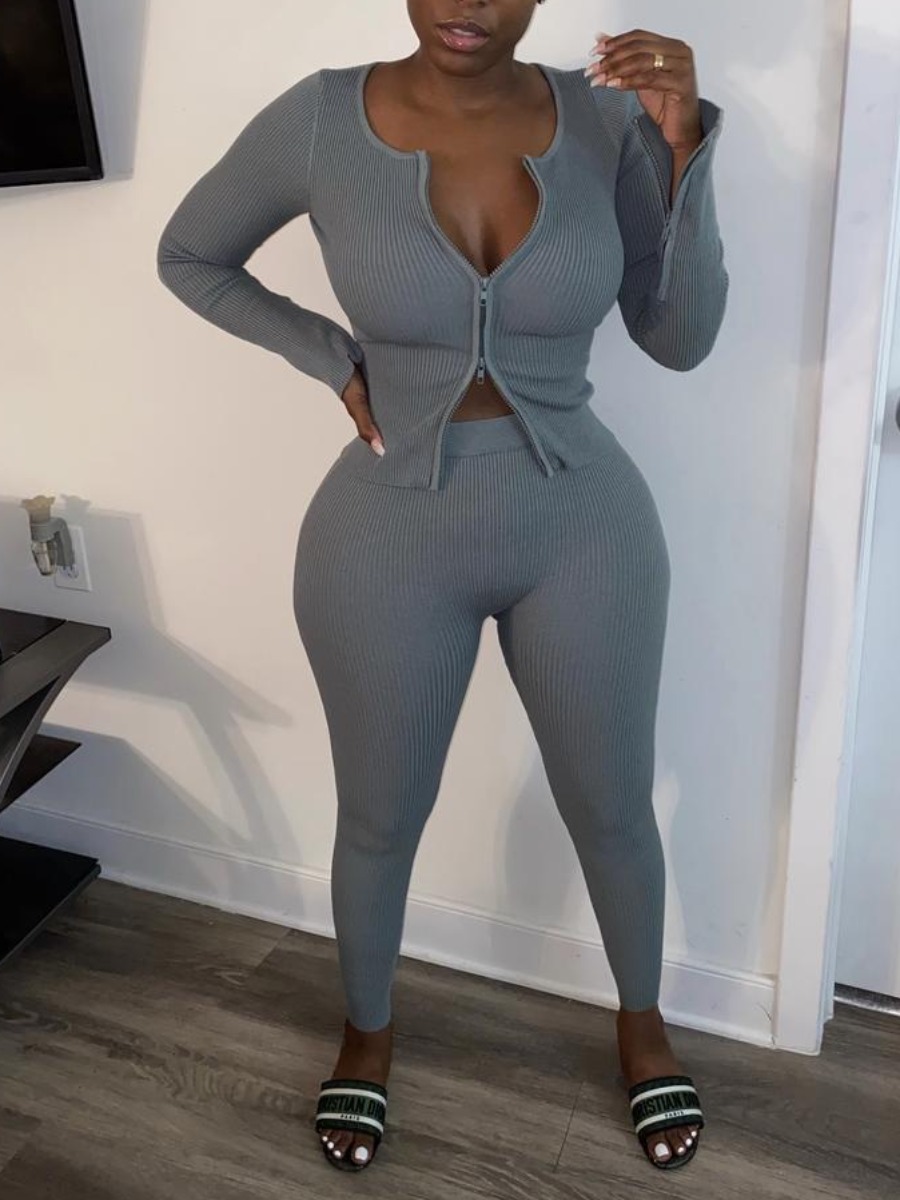 

lovely Trendy Zipper Design Skinny Grey Two Piece Pants Set