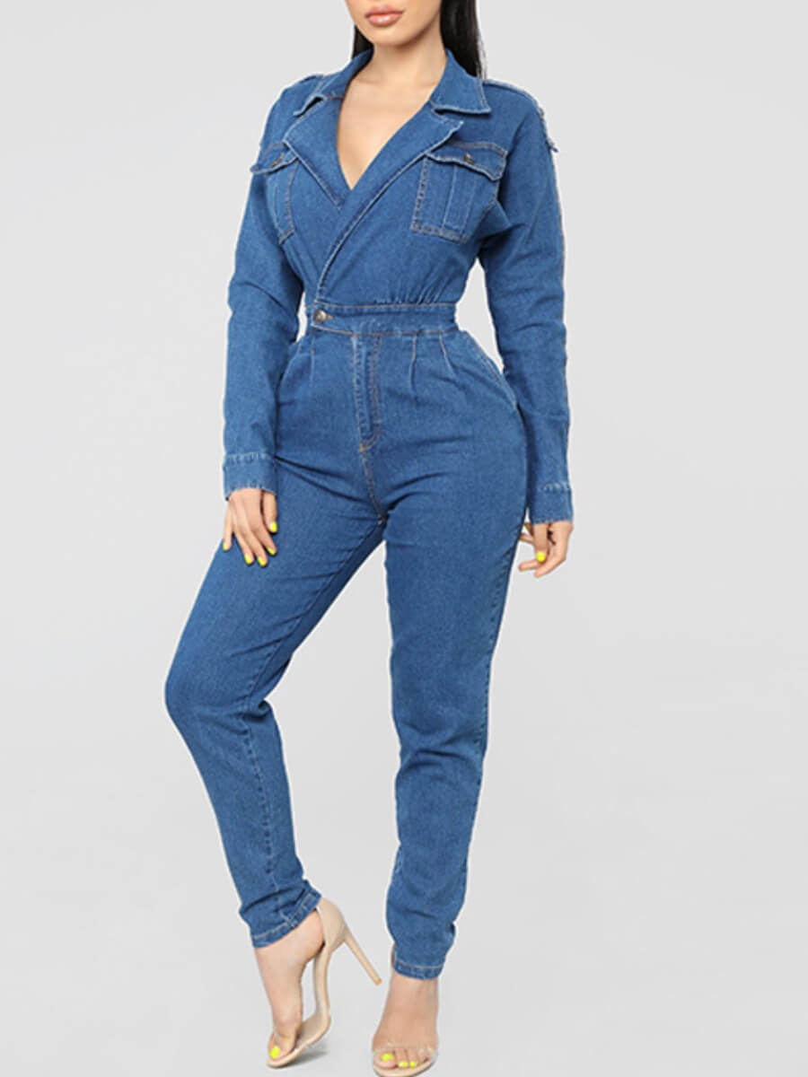 

Lovely Stylish Turndown Collar Pocket Patched Blue Denim One-piece Jumpsuit