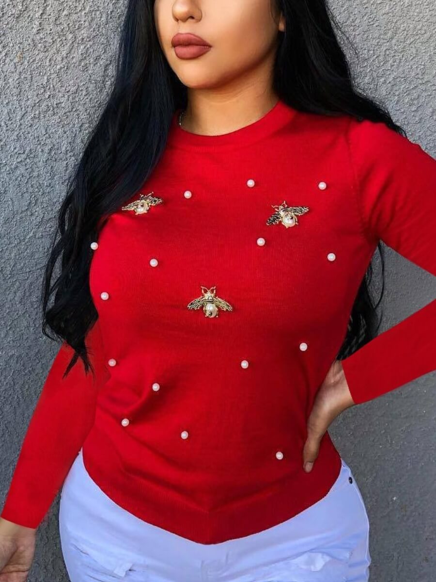 

Lovely Casual O Neck Nail Bead Design Red Sweater
