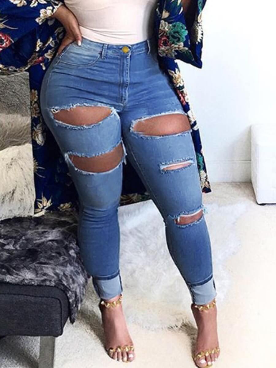 

Lovely Casual Broken Holes Blue Plus Size Jeans