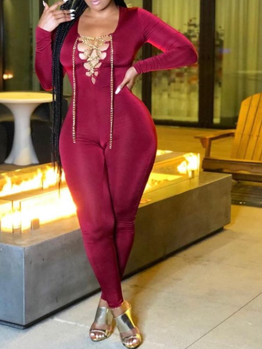 

Lovely Sportswear Bandage Design Skinny Wine Red One-piece Jumpsuit