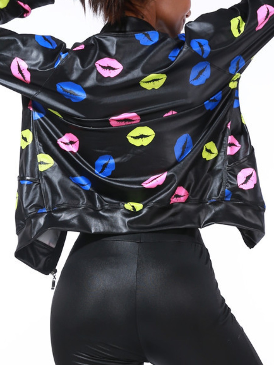 

lovely Street Lip Print Zipper Design Black Jacket