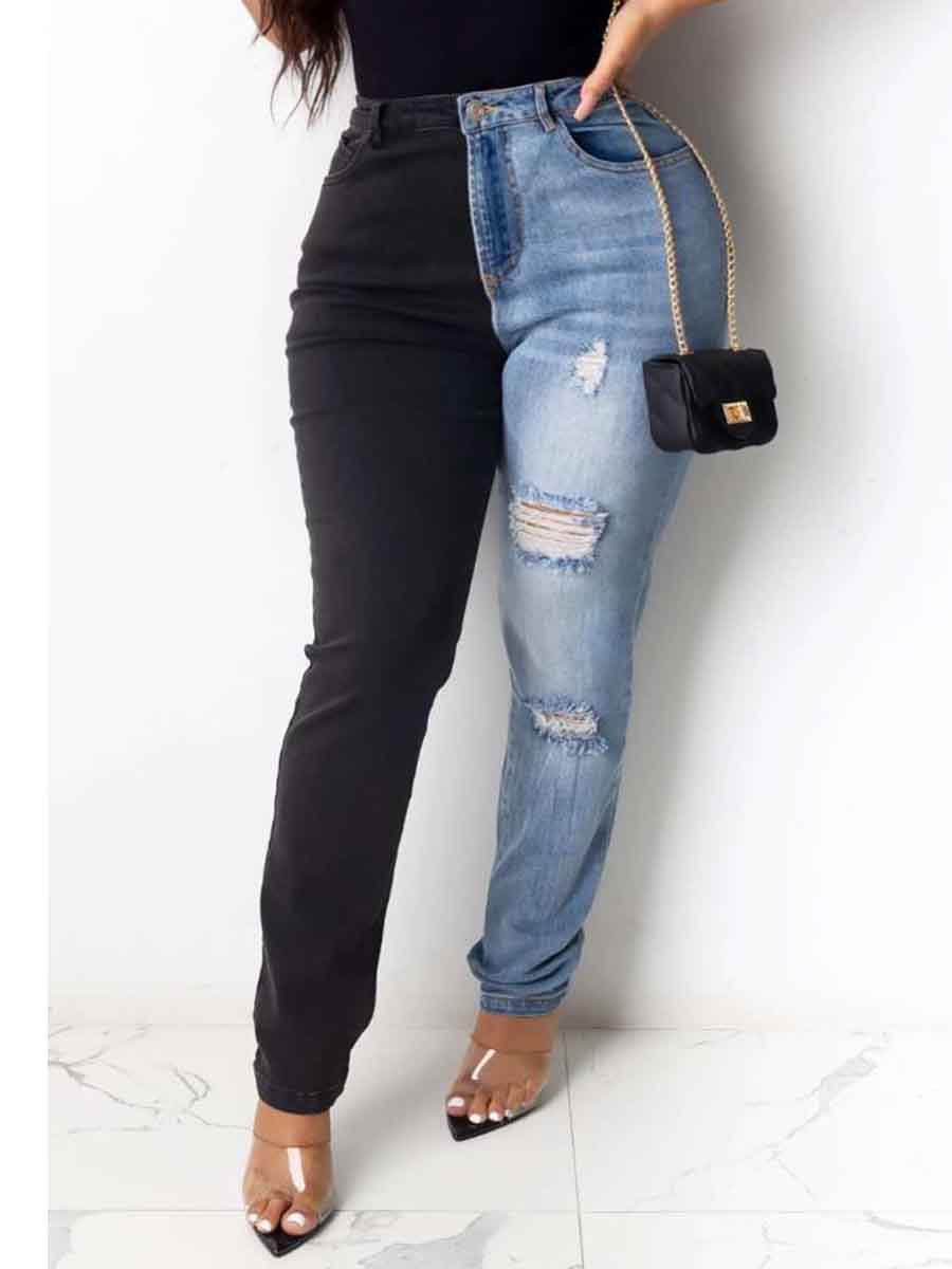 

Lovely Casual Patchwork Broken Holes Blue Plus Size Jeans