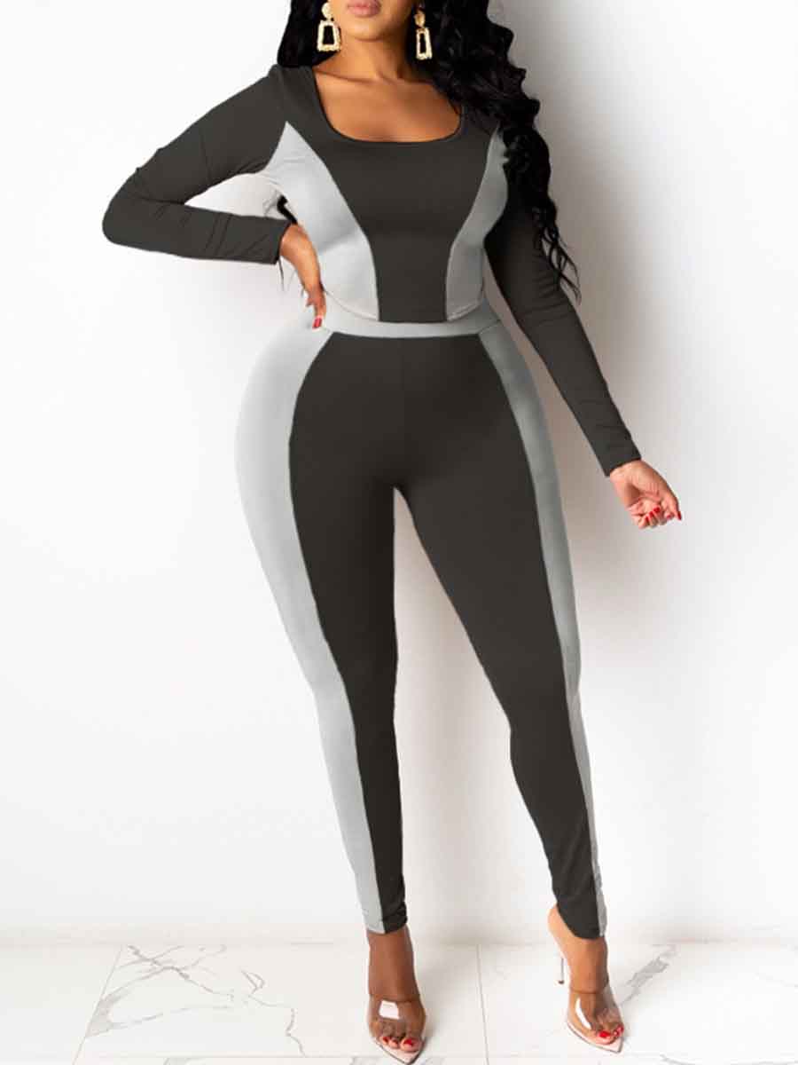 

Lovely Sportswear U Neck Patchwork Grey Plus Size Two-piece Pants Set