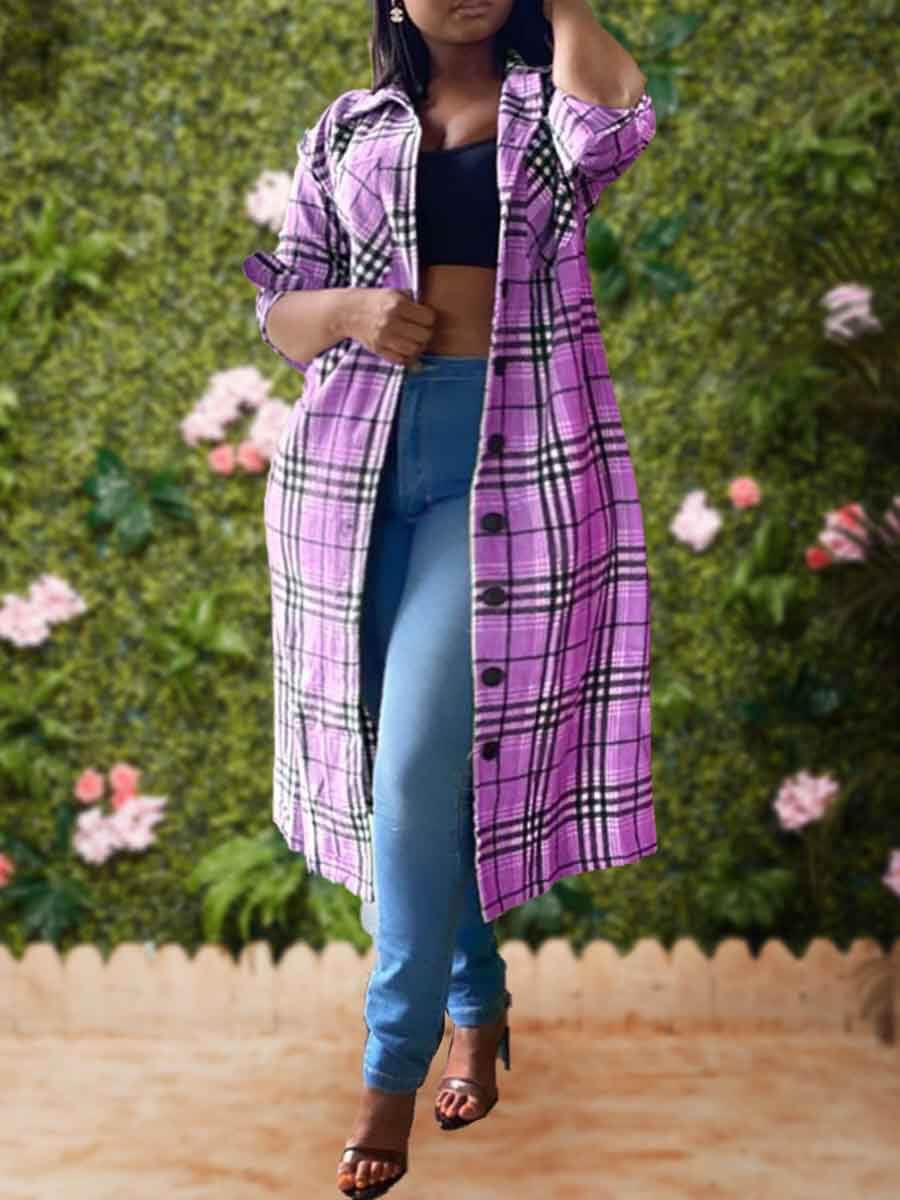 

Lovely Casual Turndown Collar Grid Print Purple Plus Size Trench Coat