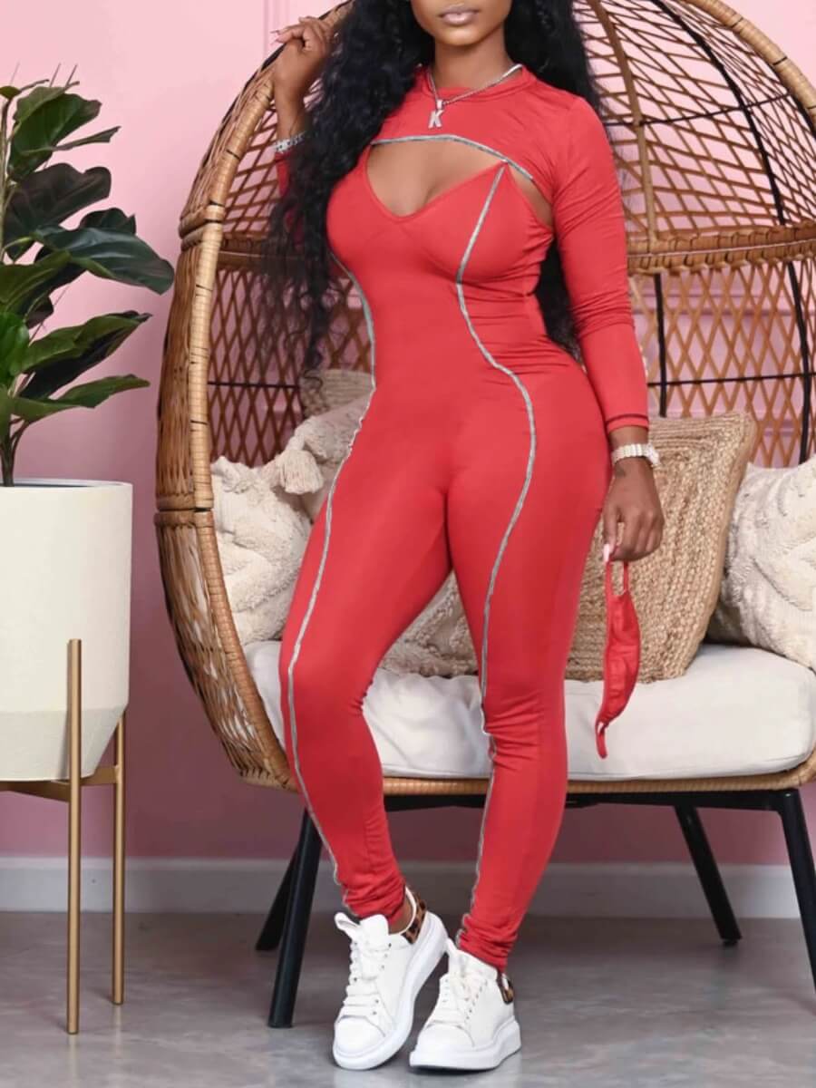 

LW Striped Hollow-out Design Pants Set (With Face Mask), Red