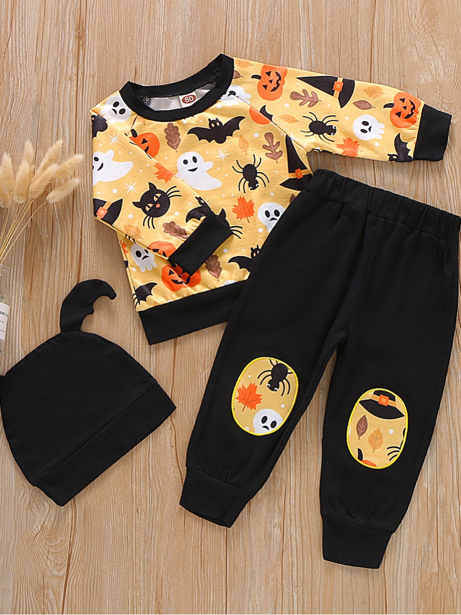 

lovely Sweet O Neck Cartoon Print Black Boy Two-piece Pants Set