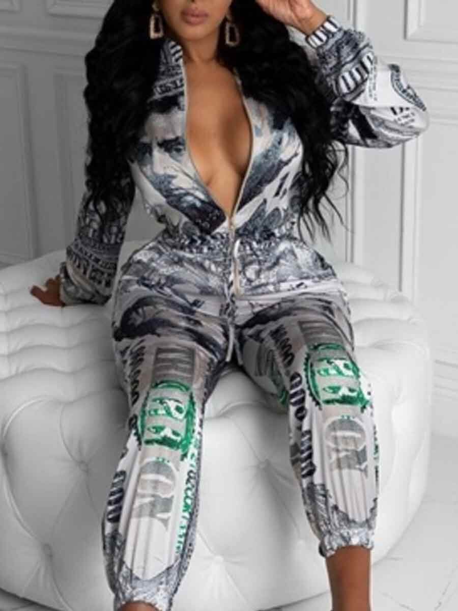 

Lovely Trendy Print Zipper Design White One-piece Jumpsuit