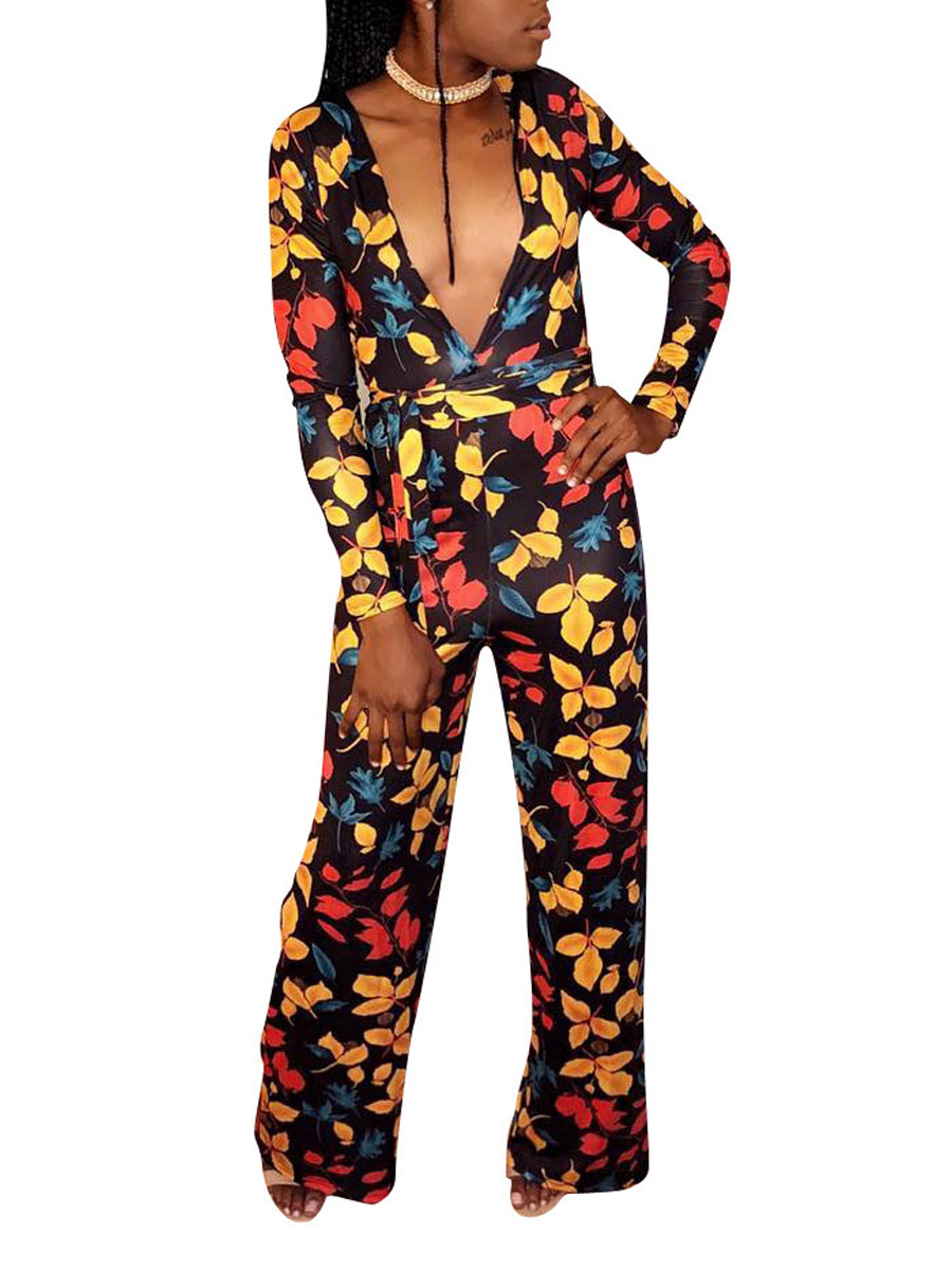 

Lovely Stylish V Neck Print Multicolor One-piece Jumpsuit, Multi