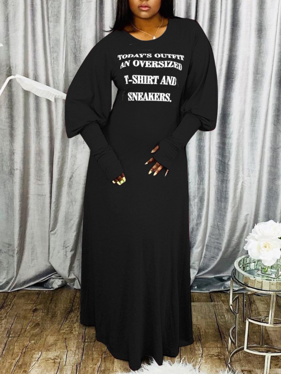 

Lovely CasualO Neck Letter Print Black Ankle Length Dress