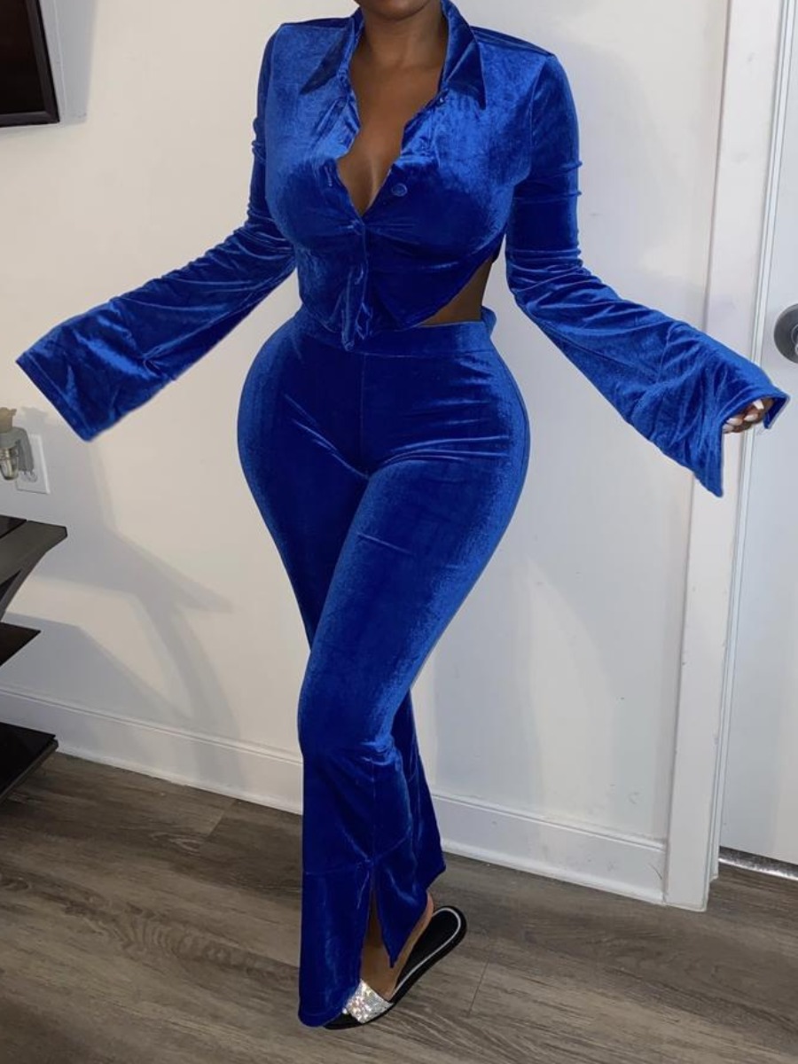 

lovely Sexy Turndown Collar Backless Asymmetrical Blue Two Piece Pants Set