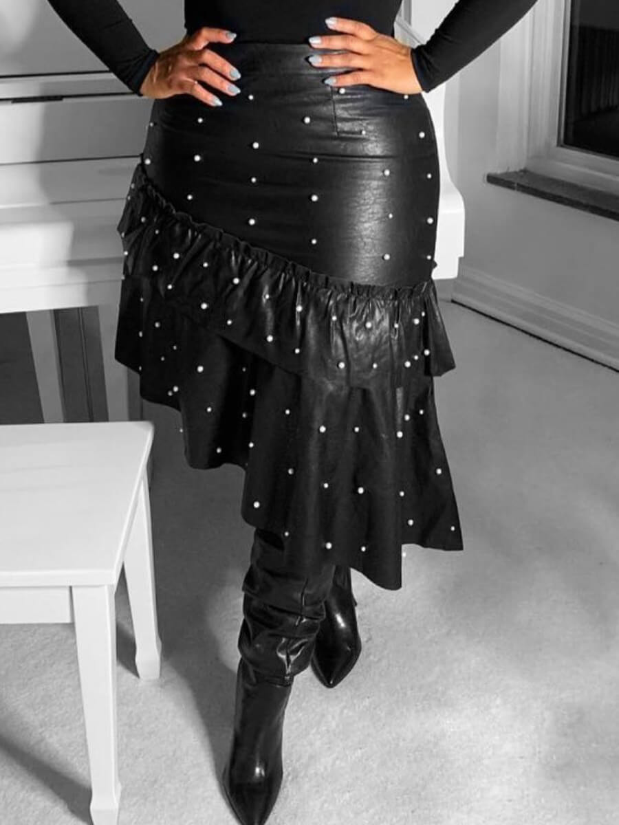 

Lovely Sweet Dot Print Flounce Design Black Skirt