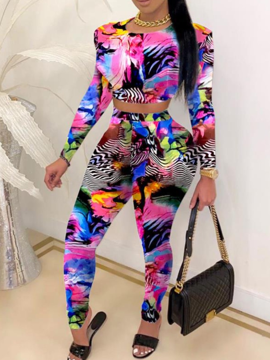

lovely Trendy O Neck Print Skinny Multicolor Plus Size Two-piece Pants Set, Multi