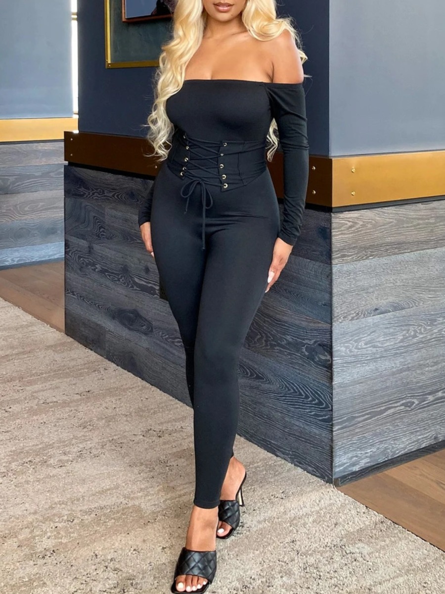 

lovely Sexy Dew Shoulder Bandage Design Black One-piece Jumpsuit