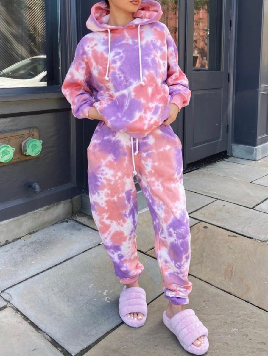 

LW Casual Hooded Collar Tie Dye Pink Two Piece Pants Set